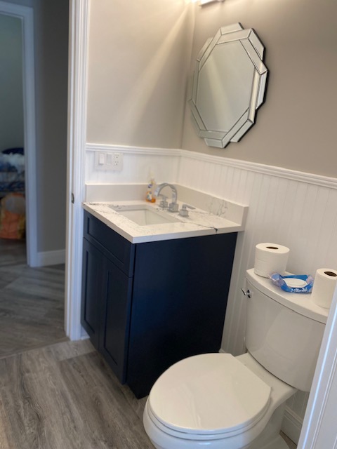 A Bathroom With a Toilet and a Small Sink Cabinet