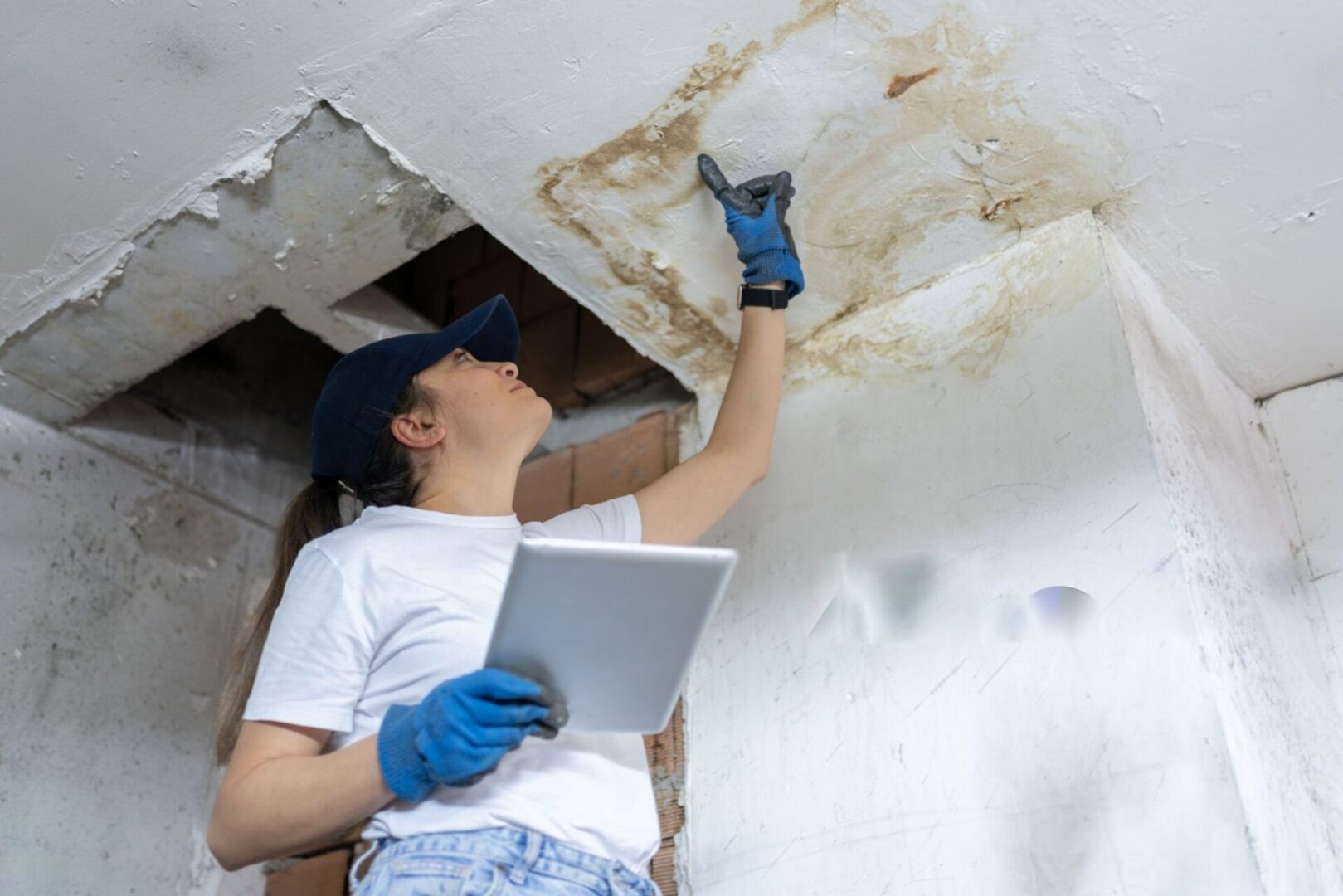 Insurance adjuster inspecting mold damage in a residential property