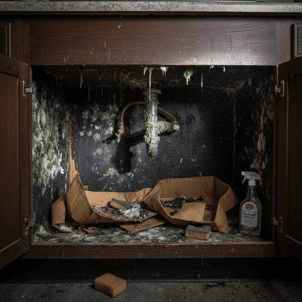 Mold growth under a kitchen sink caused by a plumbing leak in a Fort Myers home