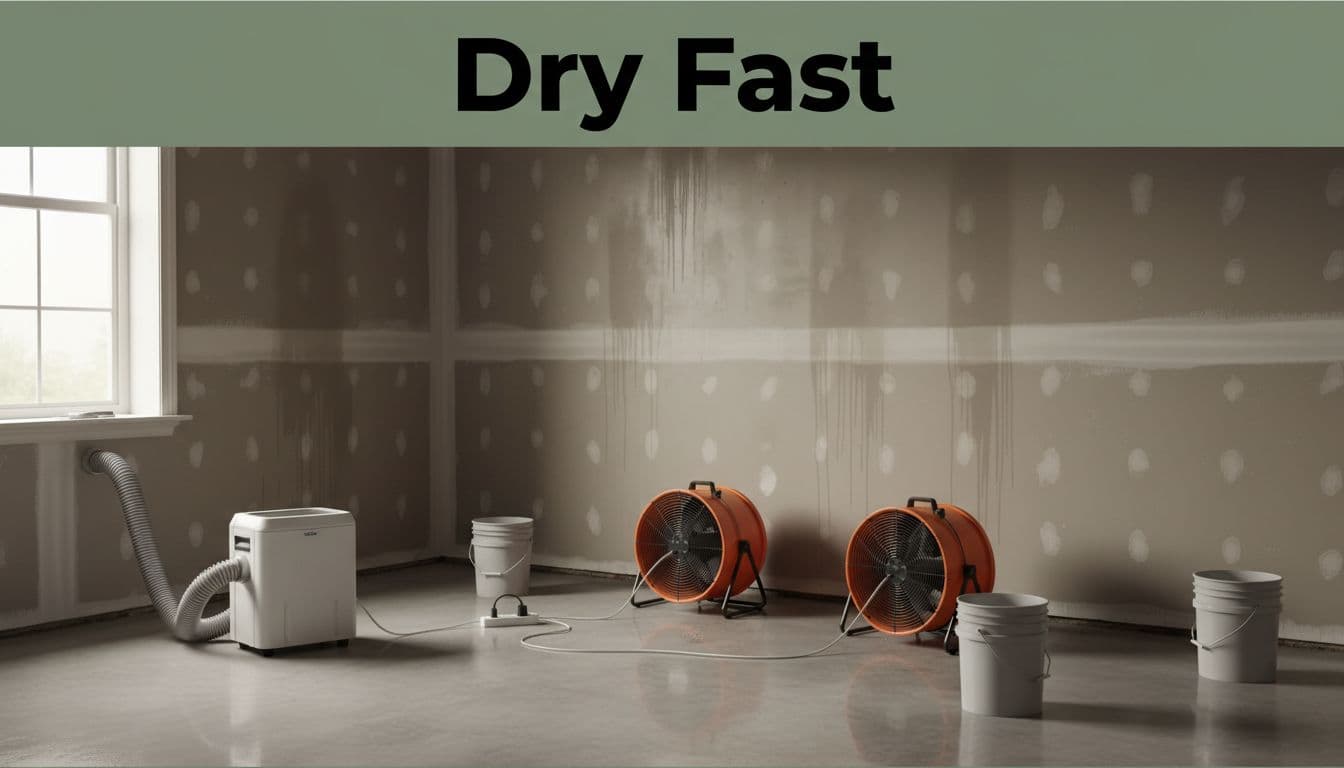 Wide-angle realistic photo of a room corner drying setup after water damage, featuring wet drywall, industrial fans blowing air across the floor, a dehumidifier with hose to the window, and buckets catching drips. Bold 'Dry Fast' headline in Title Case on a muted dark-green edge-to-edge band near the top, neutral indoor earth tones.