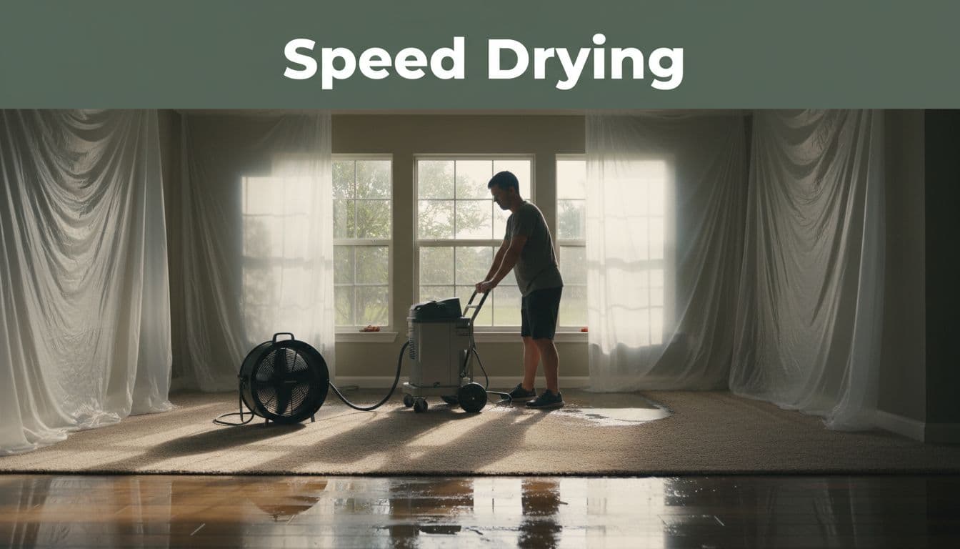 Homeowner setting up air movers and dehumidifiers in a flooded Florida living room with wet carpet, open windows, and containment sheeting under warm afternoon light, featuring a 'Speed Drying' text band.