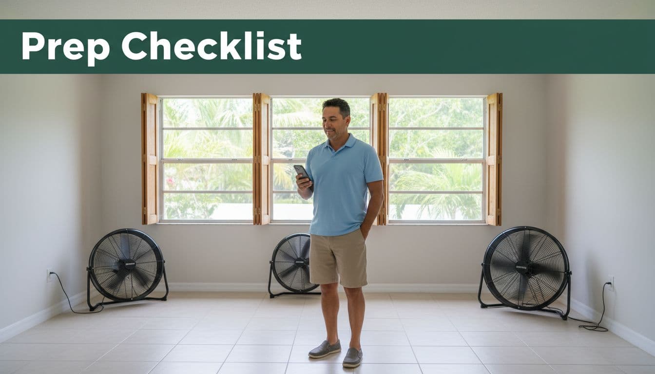 Clean, freshly remediated living room in Fort Myers home ready for mold clearance testing, with fans running, windows open for ventilation, and one homeowner reviewing notes on phone.