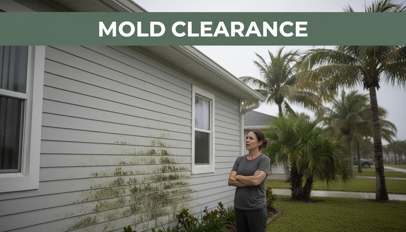 Tropical Fort Myers home exterior with post-storm water damage and early mold growth on siding, palm trees in humid coastal background, concerned homeowner standing nearby.
