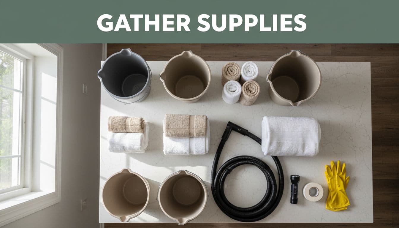 Photorealistic top-down view of a clean kitchen counter with organized essential first-response supplies: plastic buckets, stacked absorbent towels, coiled wet-dry vacuum hose, flashlight, rubber gloves, and plumber's tape roll, under a bold 'Gather Supplies' headline in a muted dark-green band.