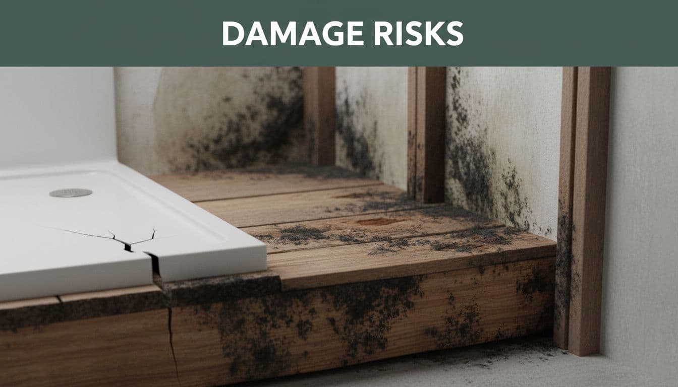 Cross-section view of a bathroom floor illustrating a shower pan leak causing mold growth on the wood subfloor, water wicking into walls, and structural rot damage; realistic diagram-style with detailed textures.