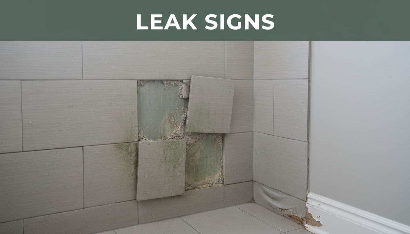 Editorial image with bold 'Leak Signs' headline on a muted dark-green band, featuring a close-up of a modern bathroom shower showing water stains on grout, loose lifting tiles at edges, and damp baseboards.