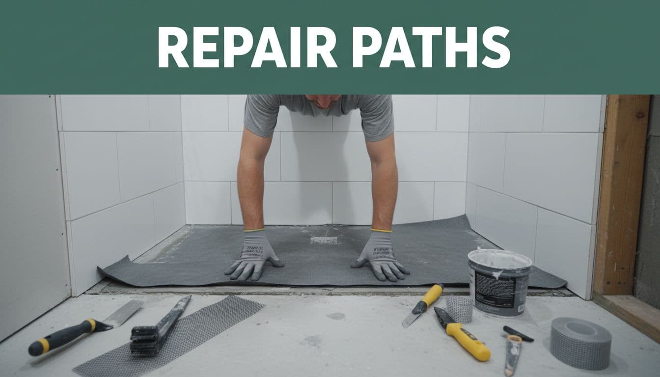 Bold editorial style image with 'Repair Paths' headline in geometric sans-serif on a muted dark-green band at the top, featuring a realistic photo of worker's hands applying waterproof membrane under a shower pan during repair, tools nearby in a bright bathroom.