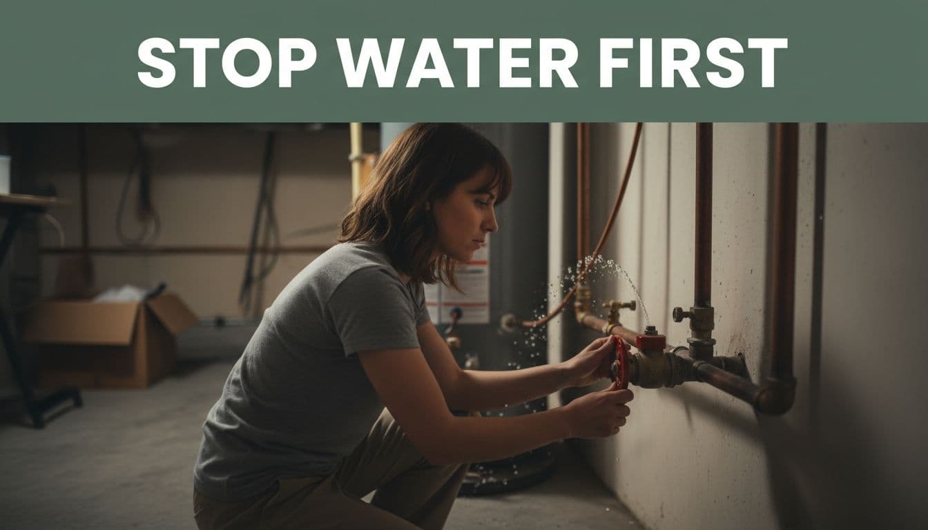 Homeowner kneeling in dim basement utility area, turning red main water shutoff valve clockwise with both hands on valve wheel amid small water spray from pipe fitting, side angle focus on action.