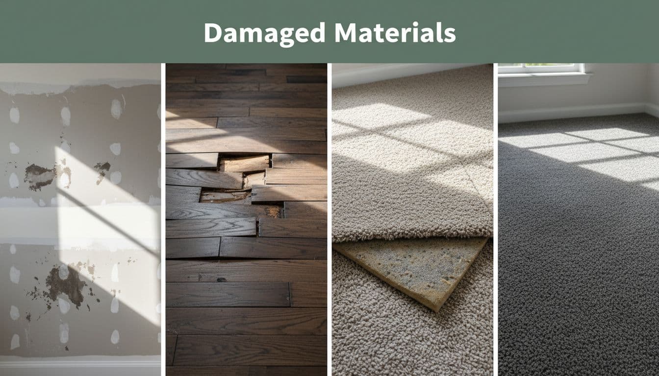 Split composition of water-damaged drywall with wet spots, buckling hardwood floor, and soaked carpet and pad in a sunny Florida home under realistic daylight with detailed textures and neutral tones. Features a muted dark-green top band with bold 'Damaged Materials' title.
