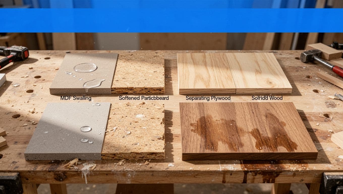 Photorealistic grid display of four bathroom vanity material samples on a workshop workbench showing water damage: MDF swelling, particleboard softening, plywood separating, solid wood with minor stain. Bold 'Material Types' headline in blue band, bright overhead lighting, no people or tools.