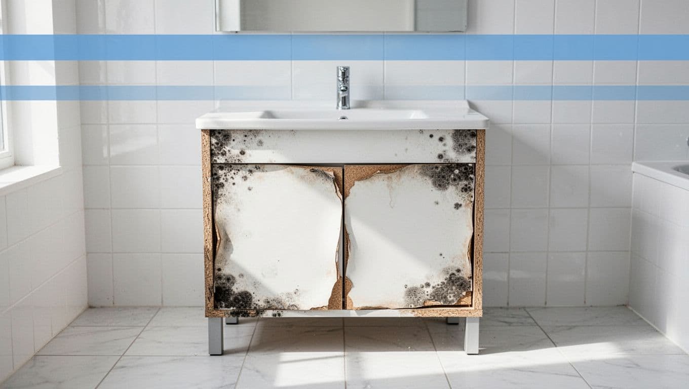 Close-up view of a bathroom vanity cabinet showing visible water damage including swelling on doors and sides, warped particleboard edges, dark mold spots, and staining around the sink in a modern tiled bathroom.