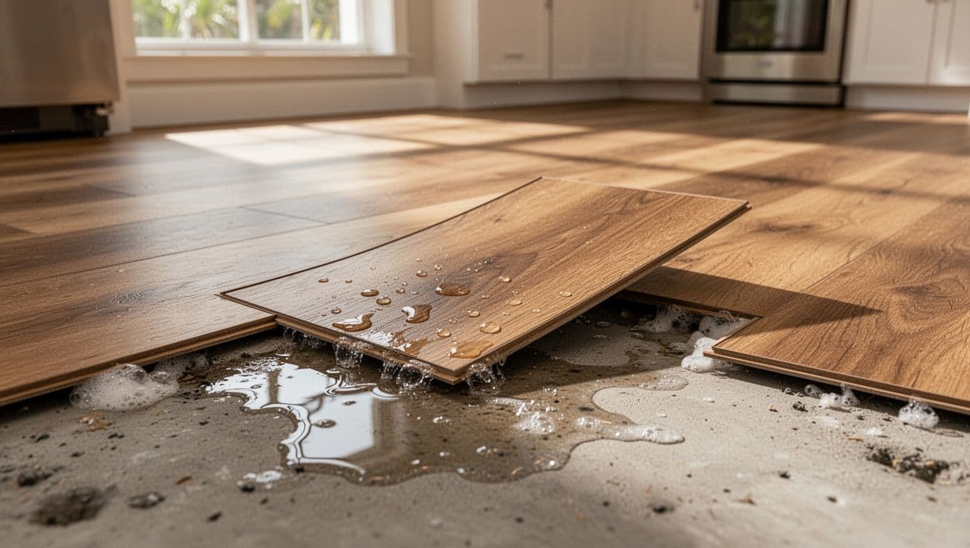 Close-up of slightly buckled luxury vinyl plank flooring on a concrete slab in a sunny Florida kitchen, with water moisture seeping at edges and one corner plank lifted revealing damp subfloor, realistic photo with warm tones and high detail.
