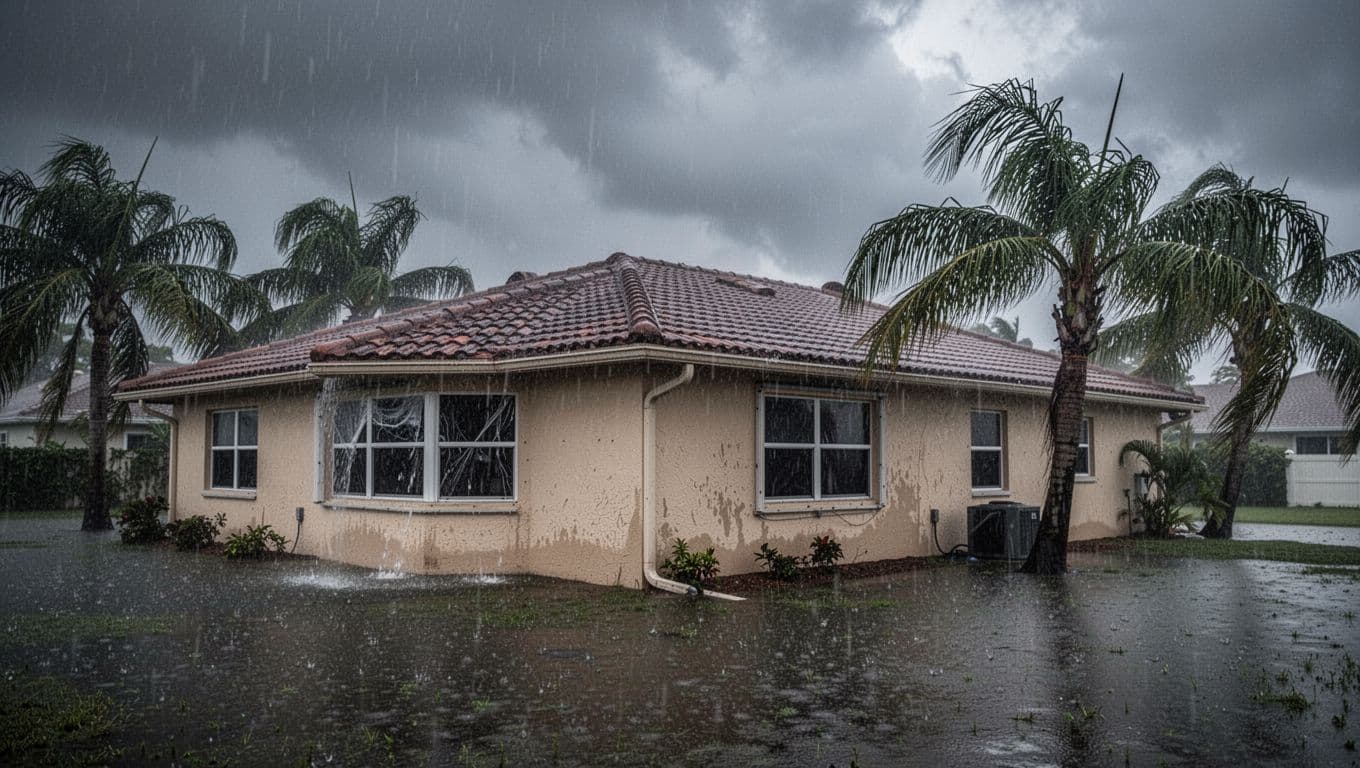 Typical Cape Coral stucco home exterior during a heavy hurricane-season rainstorm, with wind-driven rain causing water intrusion near the foundation, flooded yard, bending palm trees, and dramatic stormy lighting. Features bold 'STORM RISKS' headline in edge-to-edge blue band at top in a clean editorial style.