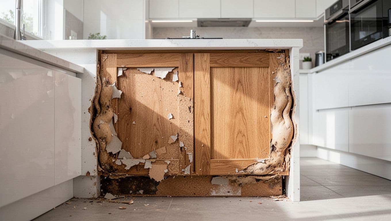 Detailed realistic photo of water-damaged particleboard kitchen cabinets showing swollen bulging sides, delaminated peeling surfaces, and warped wood doors in a modern kitchen, topped with bold 'Damage Signs' headline.