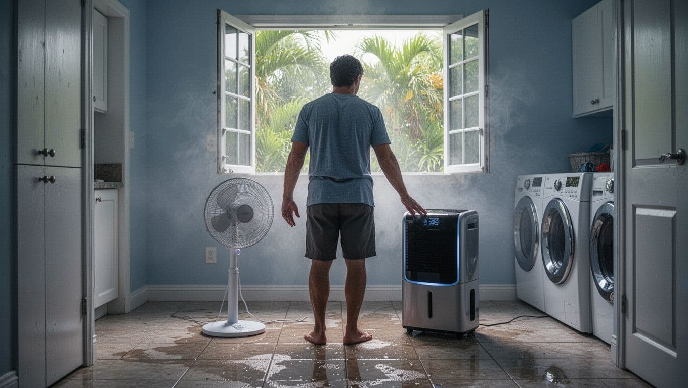 Homeowner using fans and dehumidifier to dry laundry room after washing machine overflow in Cape Coral style home with humid atmosphere, central focus on drying equipment and damp floor.