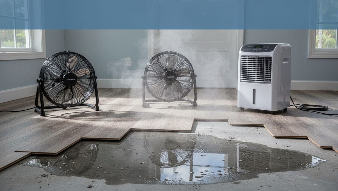 Industrial fans and a dehumidifier actively drying a wet concrete subfloor exposed by lifted luxury vinyl plank flooring in a Florida home interior, with visible moisture evaporation under natural window light.