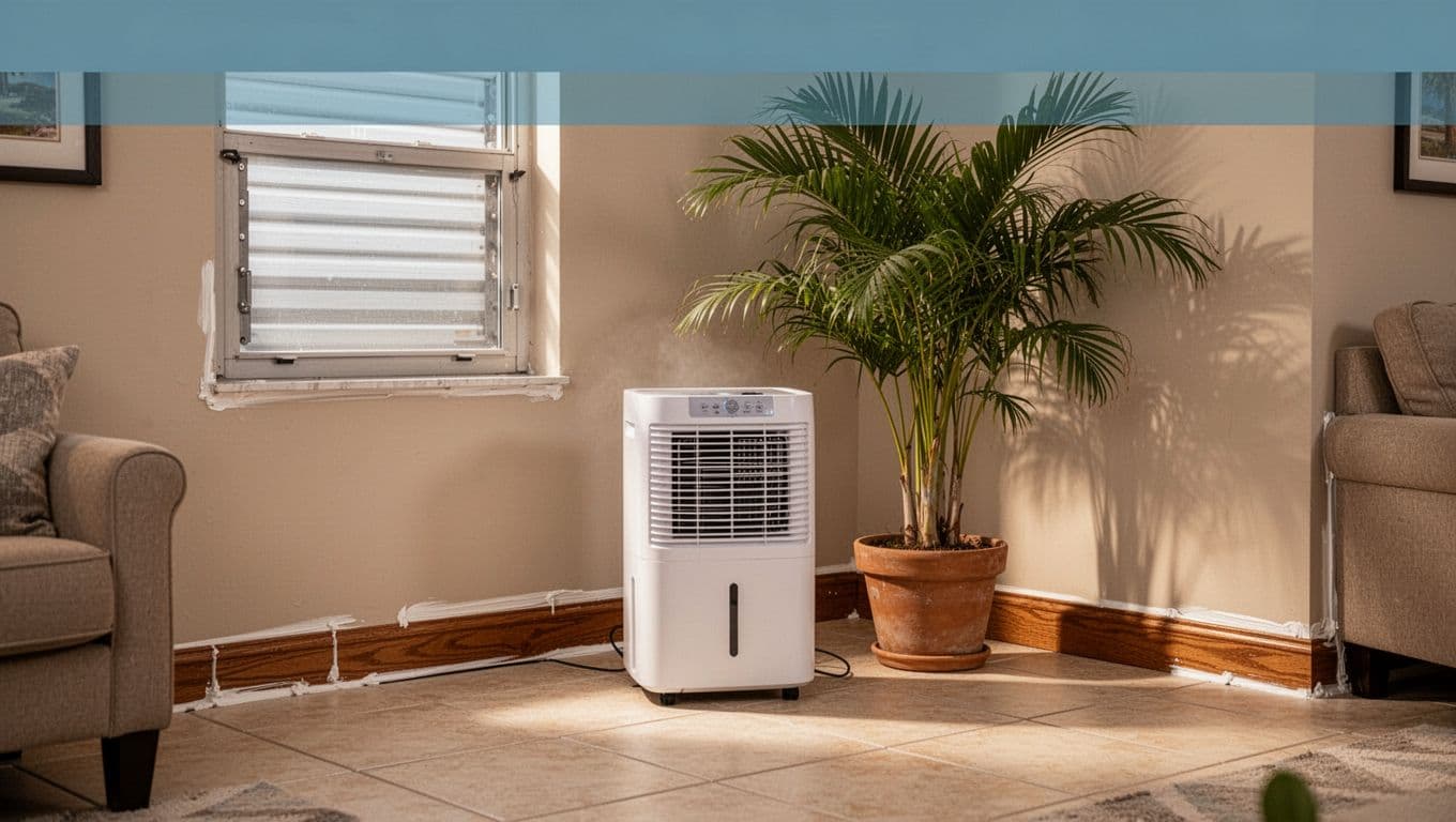 Florida living room interior shows a portable dehumidifier running on tiled floor next to clean, tightly caulked wooden baseboards along neutral walls, with a potted palm plant nearby and a closed window revealing a hurricane shutter outside. Realistic photographic style with warm lighting and a bold 'Prevent Now' headline on a blue band at the top.