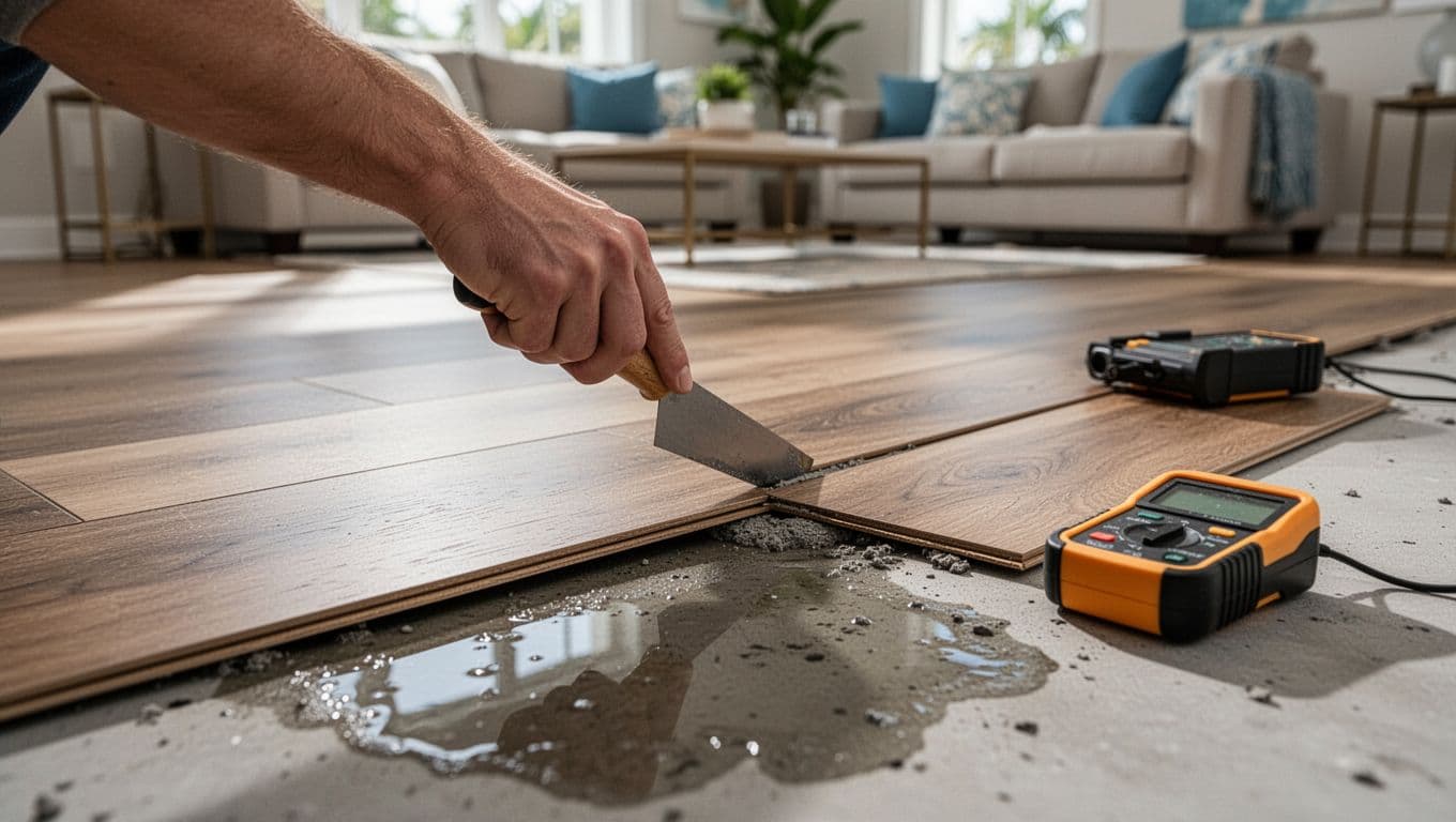 A homeowner's hand uses a putty knife to carefully pry up luxury vinyl plank flooring in a Florida living room, revealing moist subfloor on a concrete slab, with a moisture meter nearby. Bold 'Inspect Safely' headline on a blue band at the top.