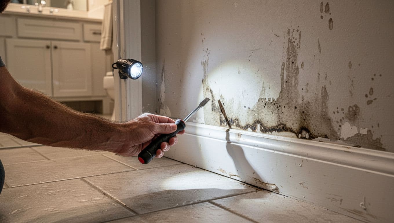 A homeowner's hand uses a flashlight and flathead screwdriver to inspect behind a baseboard in a humid Florida bathroom, revealing moisture stains on drywall. The composition highlights safe inspection techniques with a bold 'Inspect Safely' headline.
