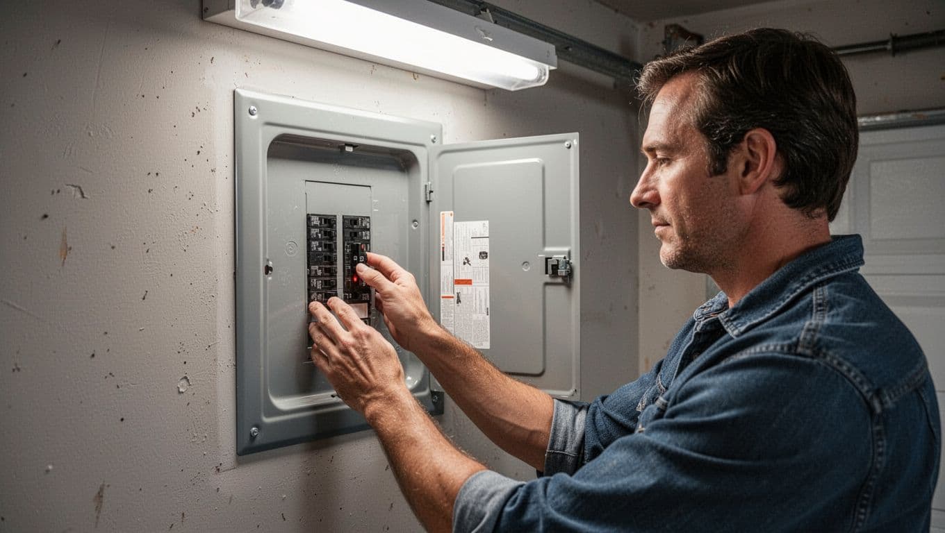 A homeowner cautiously switches off the circuit breaker in an open electrical panel after noticing wet drywall near an outlet, with a bold 'ACT NOW' headline at the top.