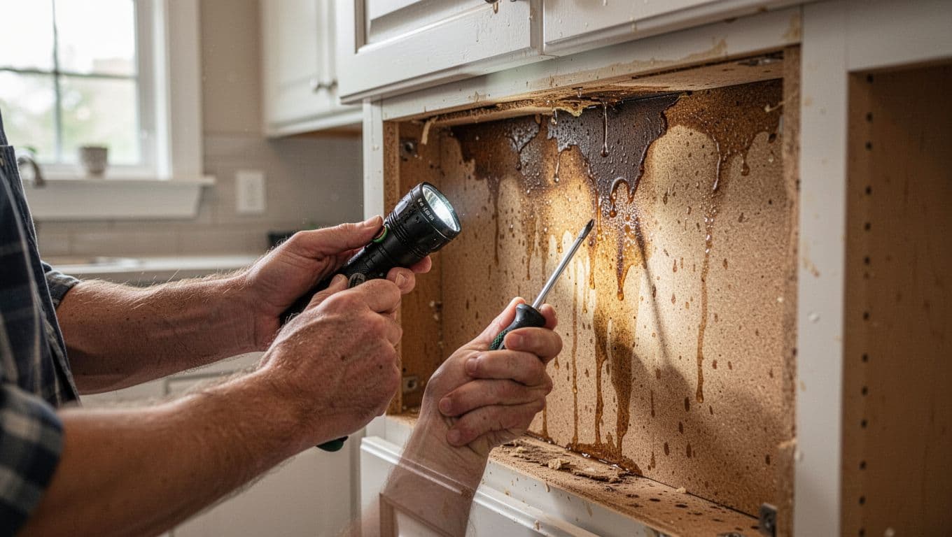 Close-up side view of hands holding flashlight and screwdriver inspecting the swollen, delaminated interior of a water-damaged particleboard kitchen cabinet, with bold 'Inspect Now' headline overlay.