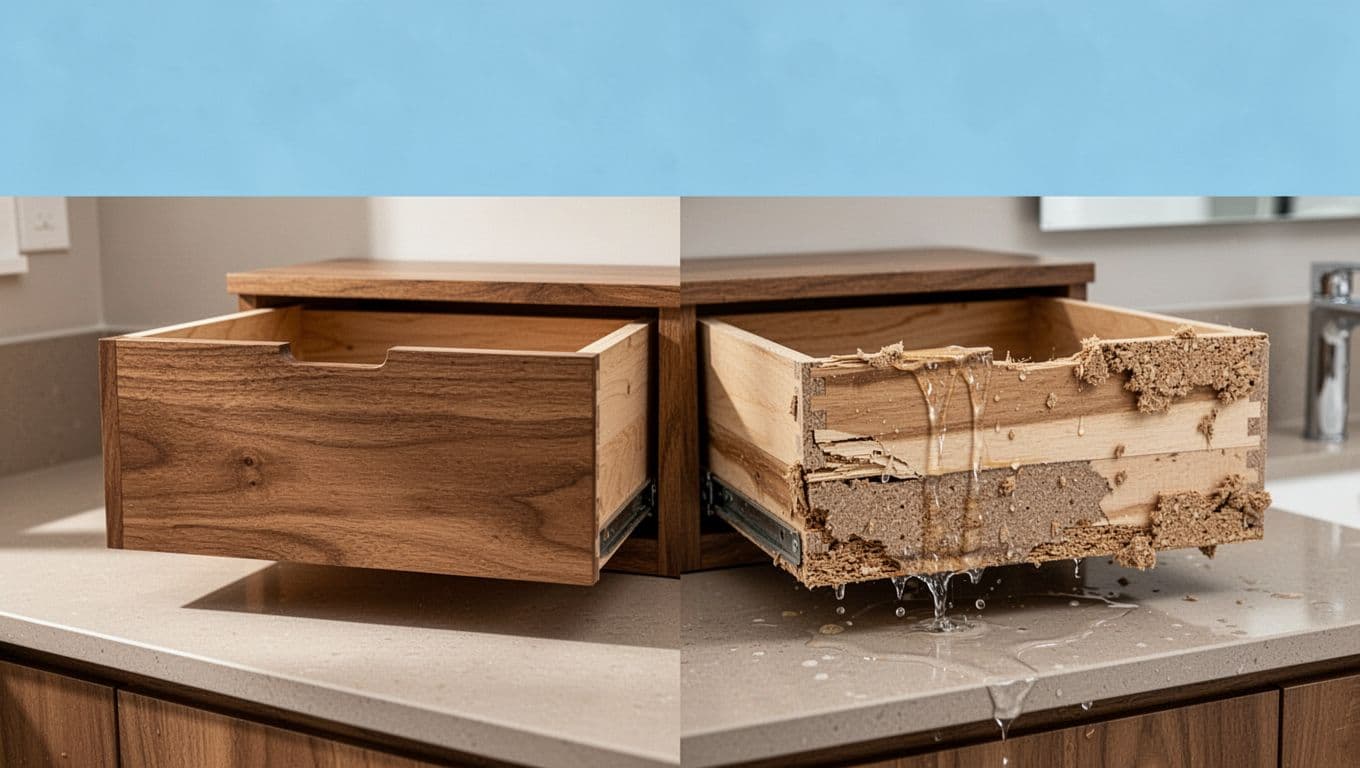 Split side-by-side view comparing an intact solid wood vanity drawer on the left with severe structural damage on the right, including delaminated layers, loose joints, and crumbling particleboard from water exposure, against a neutral bathroom background.