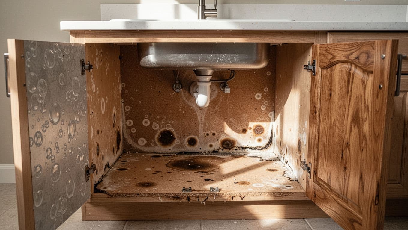 Open kitchen sink cabinet interior showing swelling particleboard base, bubbling laminate on side panels, warped wooden door, and discoloration spots indicative of water damage in a Cape Coral home kitchen under natural daylight.