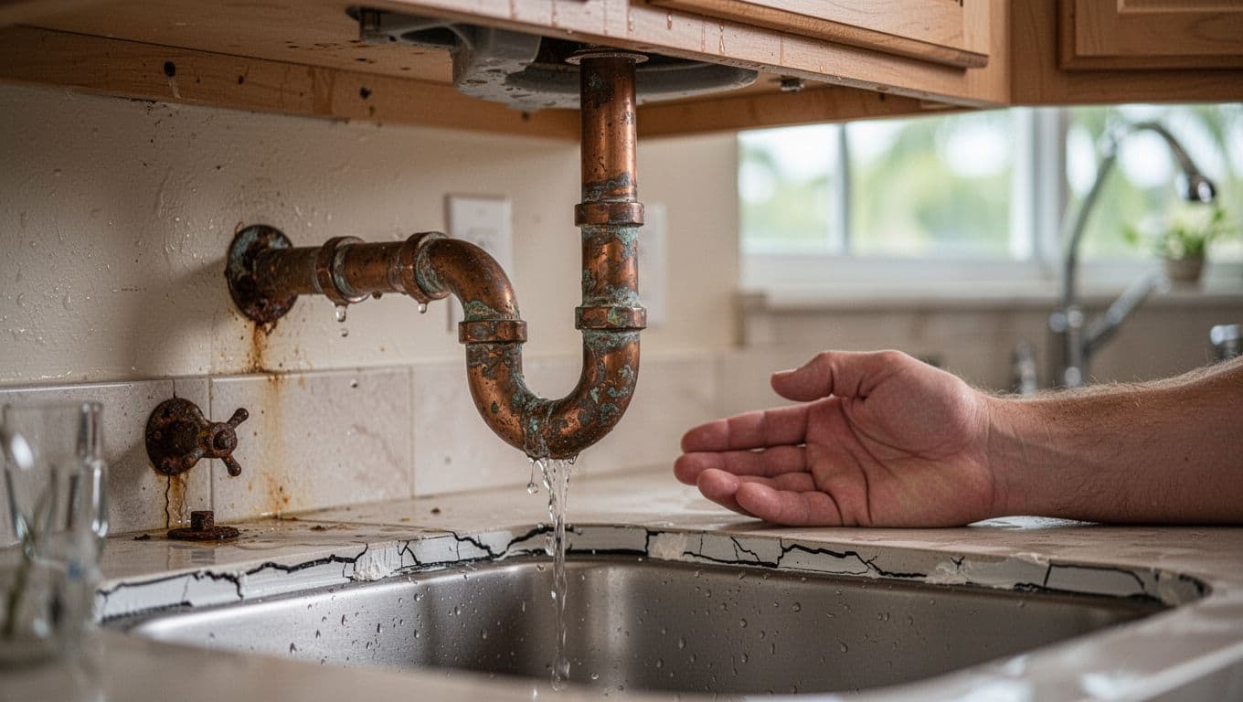 Detailed realistic photography of corroded supply line dripping water, loose drain connection, failed caulk, and rusted hardware under an open kitchen sink cabinet, implying humid Cape Coral atmosphere with exactly two pipes visible and one relaxed hand nearby.