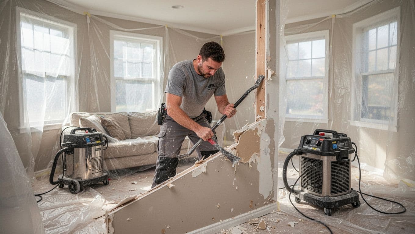 Step-by-step mold remediation in a contained living room work area with plastic barriers, HEPA air scrubber, and a single technician removing contaminated drywall using a pry bar in a Cape Coral style home, bright daylight, realistic professional style.