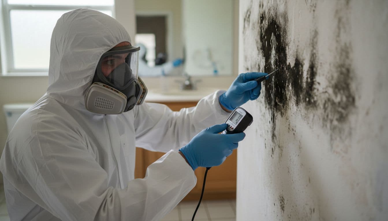 Professional mold remediation technician in protective gear uses a moisture meter to inspect dark mold growth on a bathroom wall in a humid Cape Coral home, with tile floors, vanity, and condensation visible.