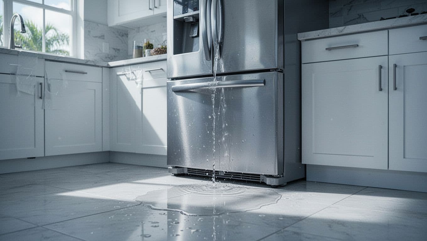Close-up realistic photo of a stainless steel refrigerator water line leak pooling on tile floor in a modern Cape Coral kitchen, bright natural daylight, with bold 'Leak Signs' headline on blue band at top.
