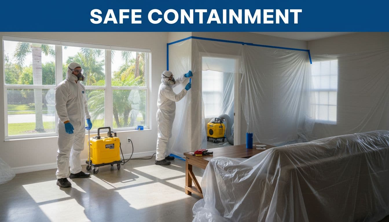 Workers in PPE set up plastic containment barriers and HEPA air scrubbers in a sunny Florida living room for mold remediation, with bright natural lighting and a branded 'Safe Containment' headline.