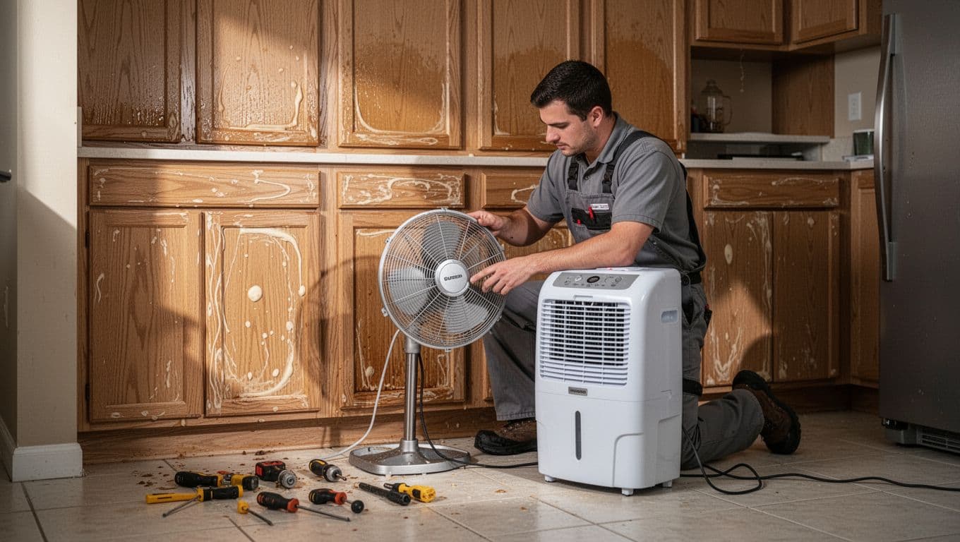 Professional technician using fans and dehumidifiers to dry wet kitchen cabinets after a fridge water leak in a humid Cape Coral home, with visible wood swelling and tools on the floor under soft lighting.