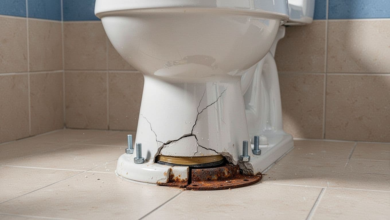 Angle view of a white toilet base on bathroom floor showing cracked porcelain at the base, loose metal tee bolts, deteriorated wax ring seal, and rusted flange amid beige tiles.