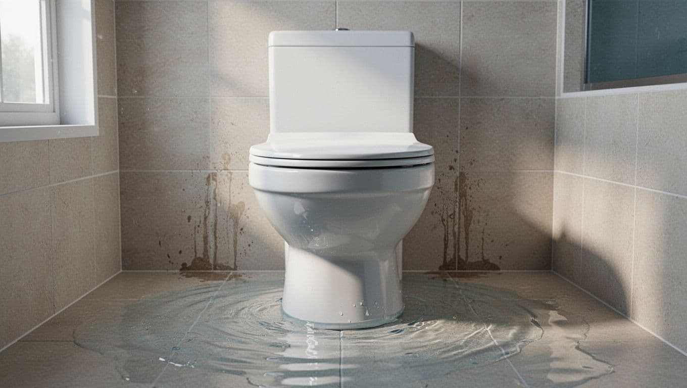 Close-up of a white porcelain toilet in a modern bathroom with beige tiles, showing water pooling around the base on the floor and subtle moisture stains nearby, illustrating common signs of a toilet base leak.