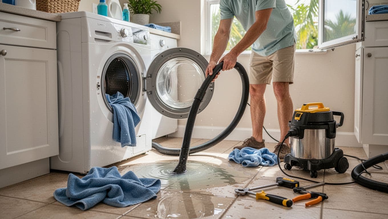 Close-up of a homeowner in a Cape Coral laundry room extracting standing water from a washing machine overflow using a wet-dry vacuum and towels, with tiled floor, cabinets, tools, and open window.