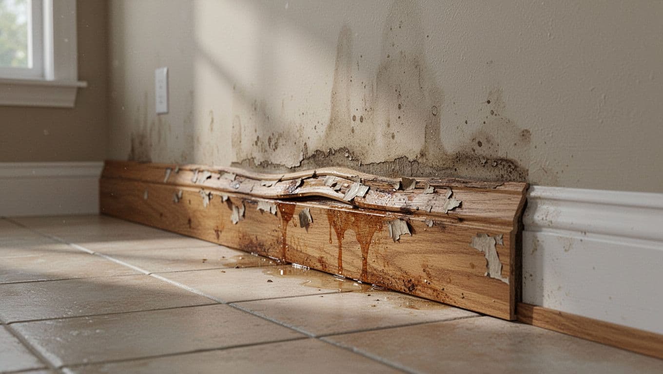 Close-up view of a wooden baseboard in a Florida living room showing warping, buckling, discoloration, stains, and peeling paint from water damage, with damp wall exposed behind.