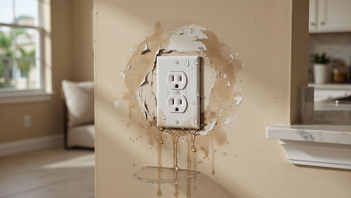 Close-up of water-damaged drywall around a household electrical outlet in a Cape Coral home, showing bubbling paint, discoloration, moisture stains, and subtle water pooling, styled with a bold 'DANGER ZONE' headline in a blue band.