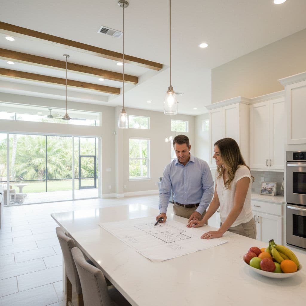 A contractor and homeowner discuss blueprints on a kitchen island inside a bright home.