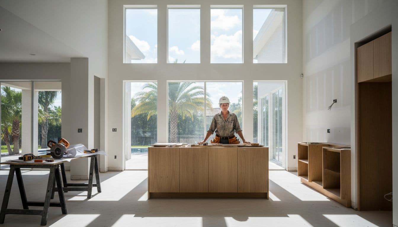 A contractor in a hard hat examines a sunny modern kitchen remodel site.