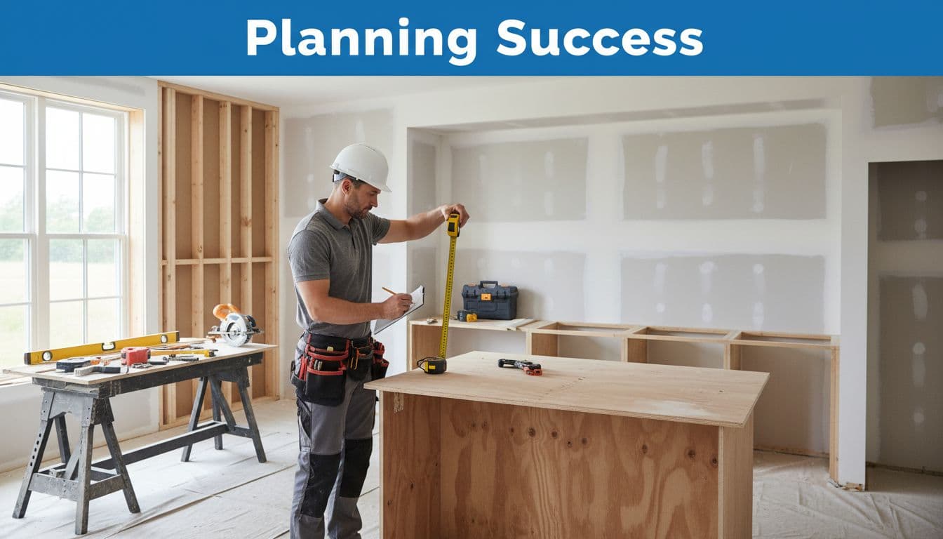 A professional contractor measures a kitchen space with a tape measure in a partially remodeled room.
