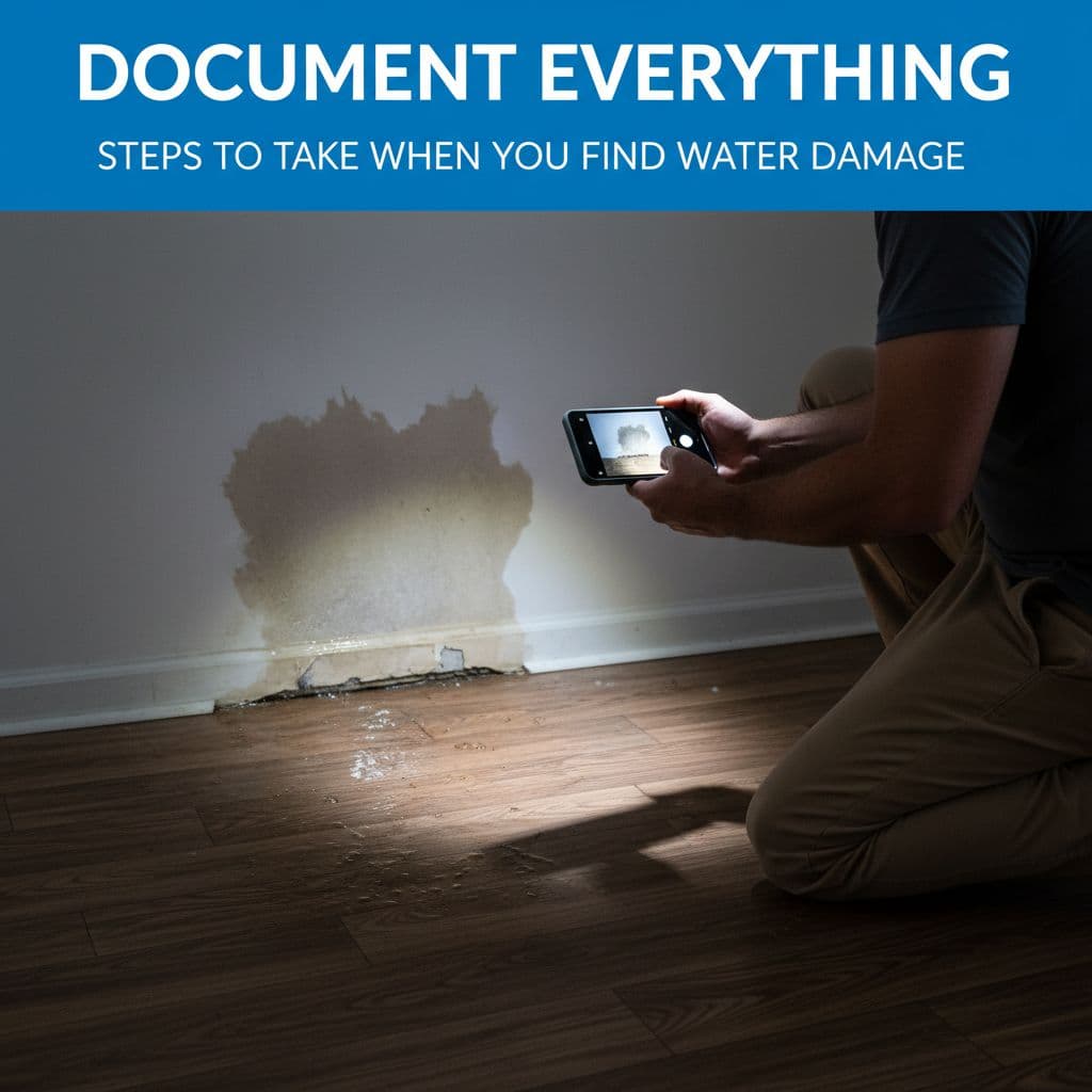 A person uses a camera to photograph water-damaged walls and flooring for an insurance claim record.