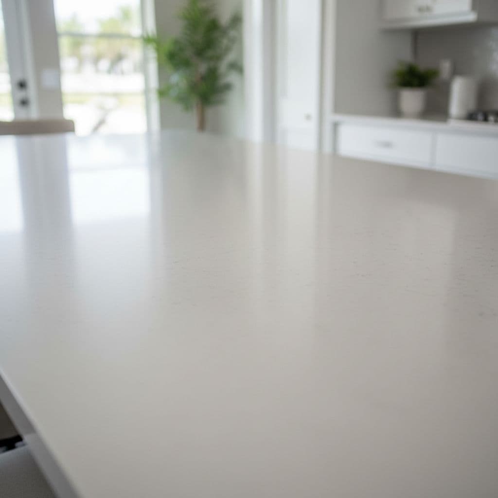 A close-up view of a smooth light grey quartz kitchen island illuminated by soft natural light.