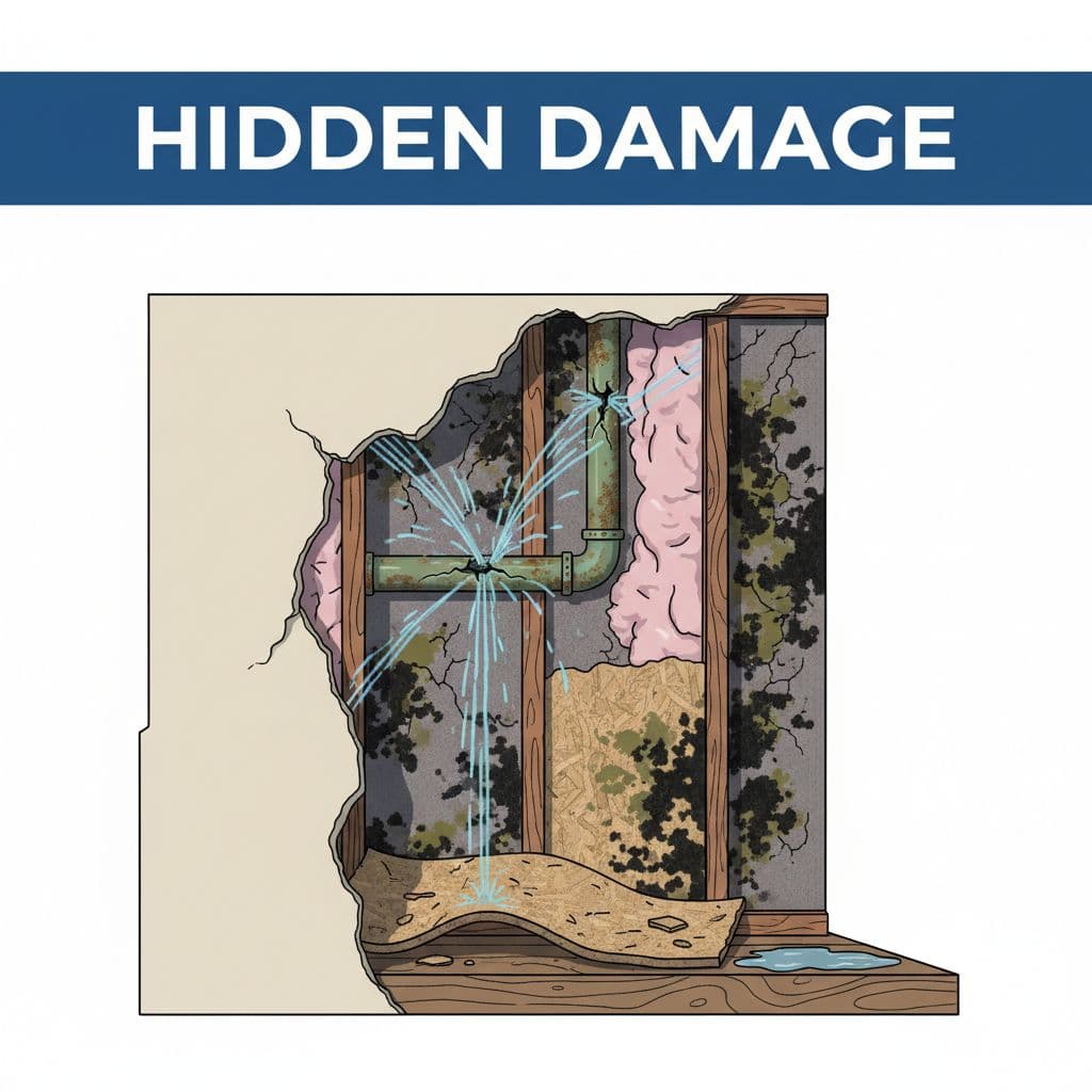 A cutaway view of a wall reveals leaking plumbing pipes and signs of interior water damage.