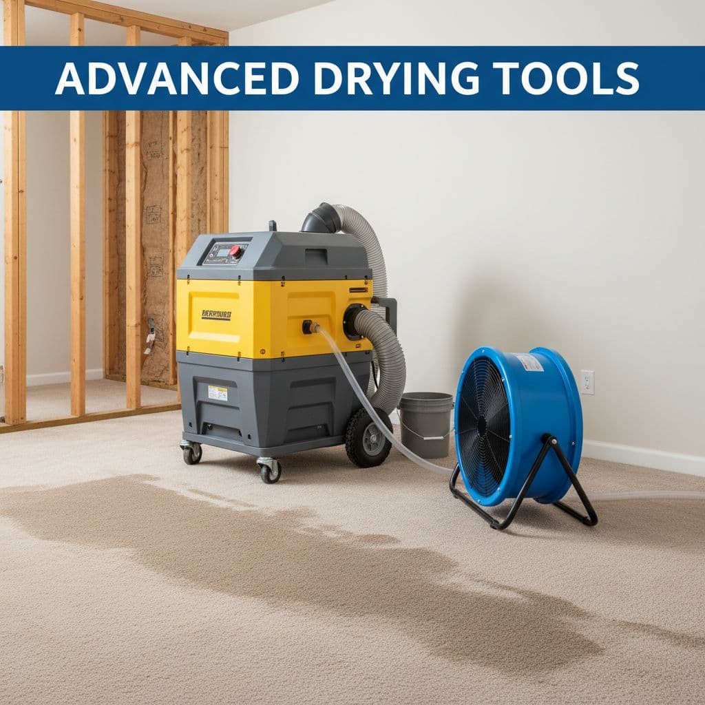 An industrial-grade dehumidifier and air mover sit on a residential carpet to dry the floor.