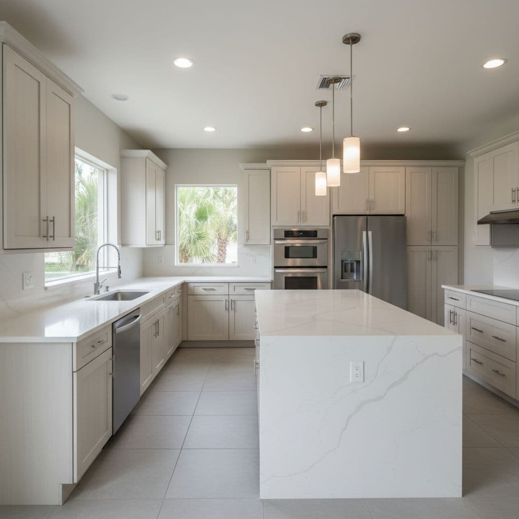 A bright kitchen features light cabinets, quartz counters, and stainless steel appliances illuminated by natural light.