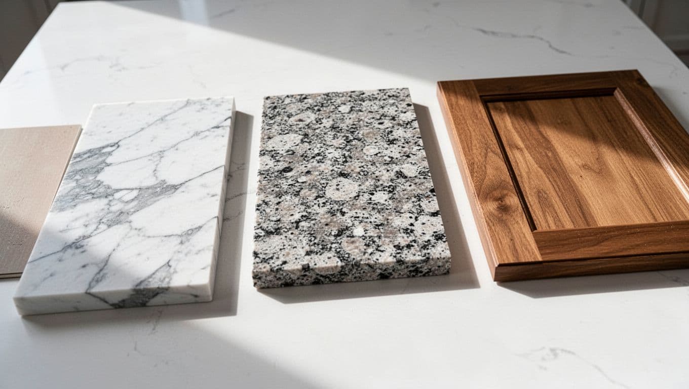 Marble, granite, and wood samples are displayed neatly on a white table under a professional headline.