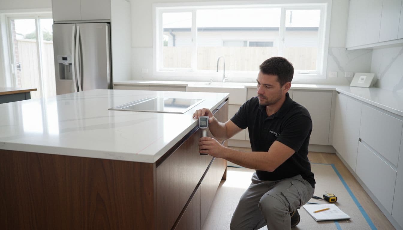 A skilled specialist carefully measures a custom countertop in a bright, modern residential kitchen.