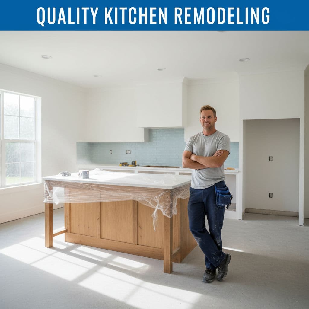 A contractor stands in a sunlit kitchen space undergoing renovations, positioned near a central island. Blue decorative header text is visible at the top, framing the bright, partially completed residential kitchen.