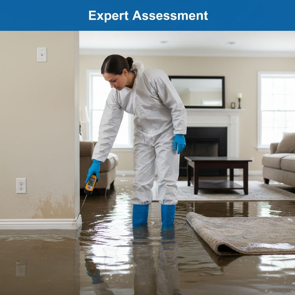 A restoration technician uses a moisture meter to inspect a flooded residential living room.